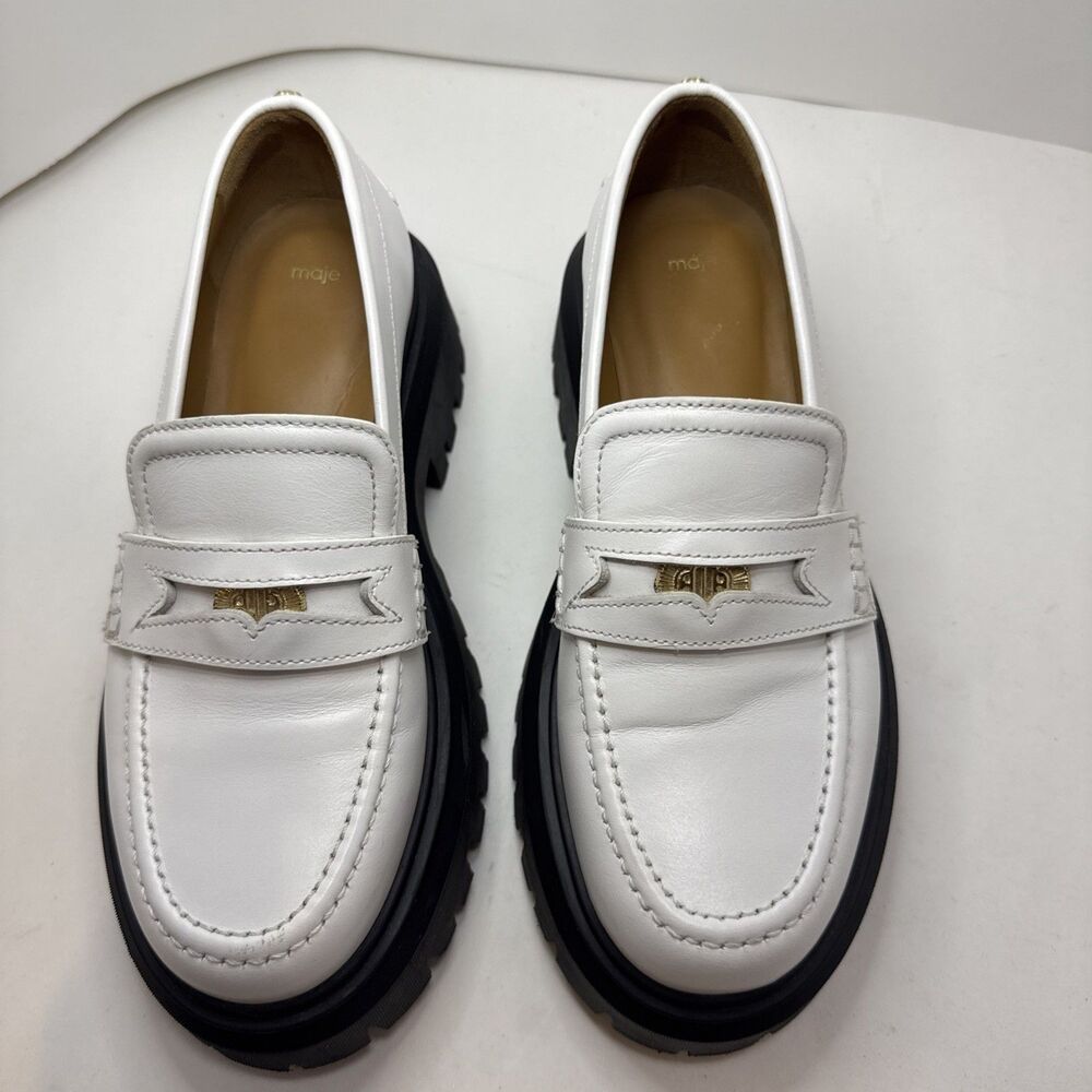 Maje Women's White Leather Shoes Euro Size‎ 37 Leather platform loafer Gold Coin